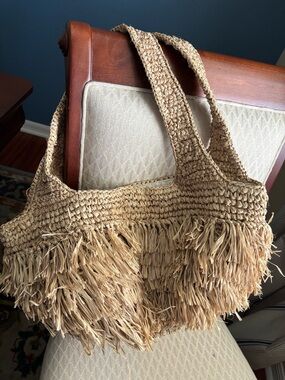 Woven Raffia Fringe Tote Bag - Natural